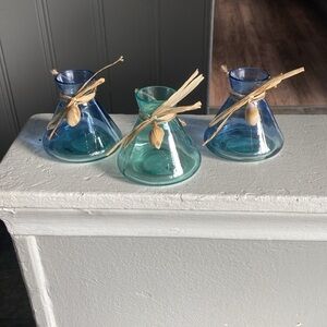 NWT Set of 3- Translucent Beach Glass Bottle Vases with Seashell Accents